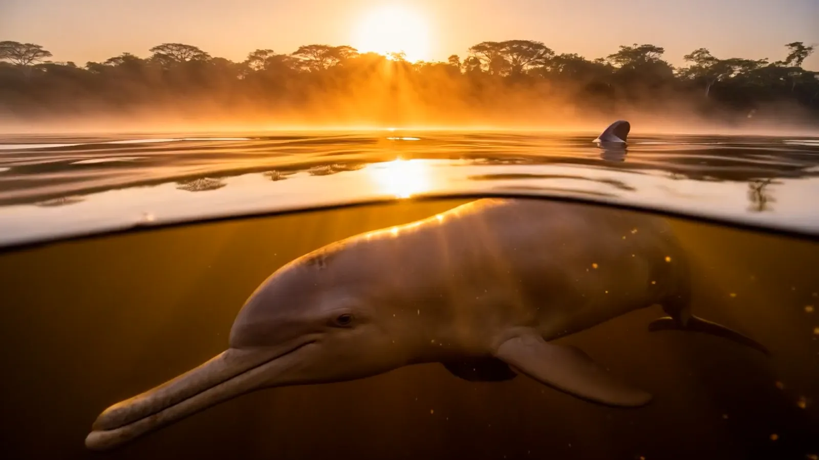 A pink river dolphin against the light, cutting the surface of the river