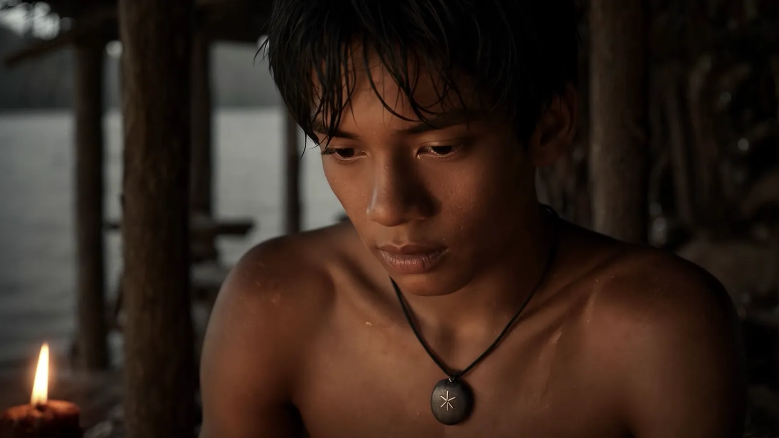 Close-up of Jeshuco lit by a candle