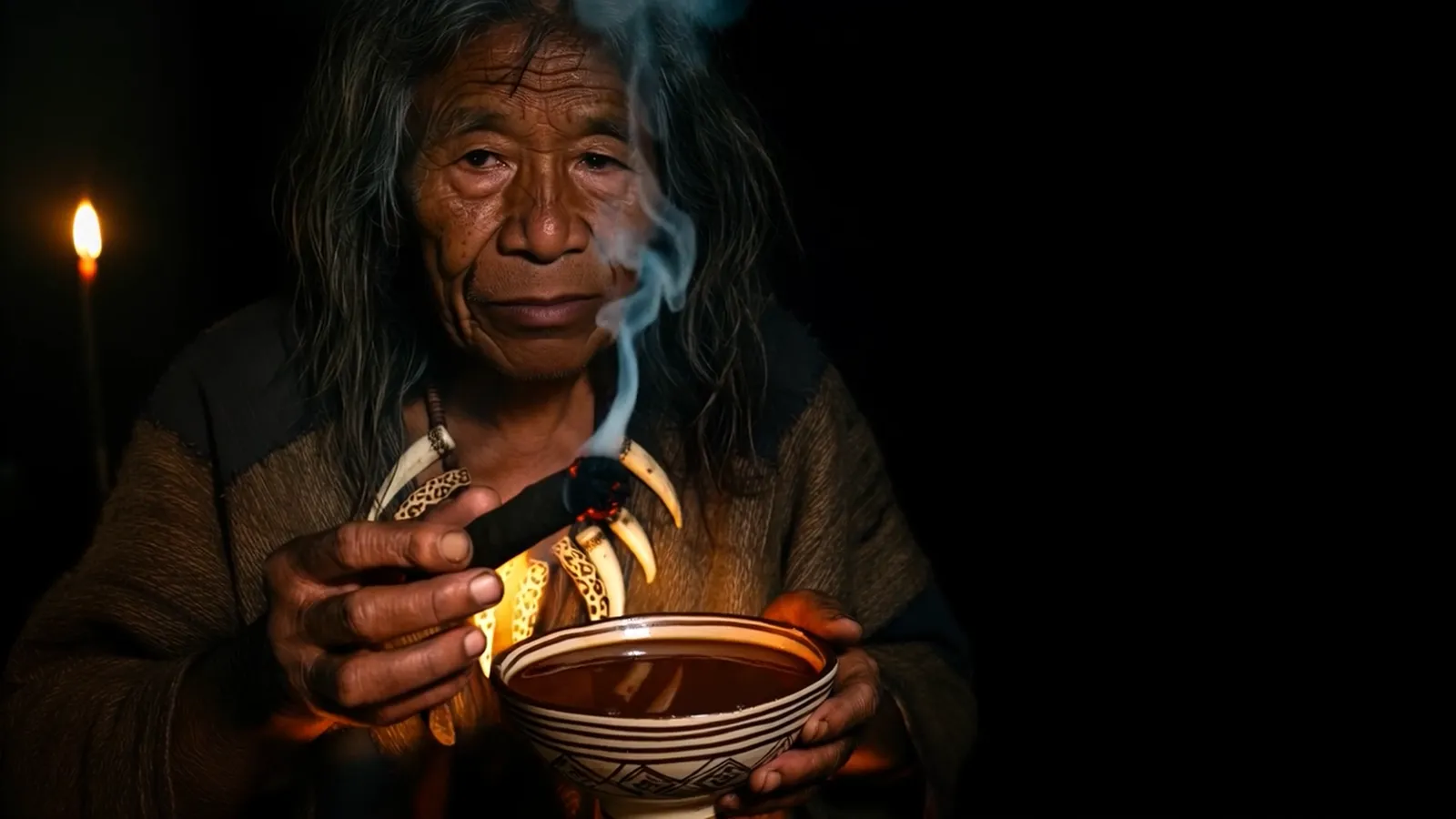 Ayahumo holding a bowl in the smoke